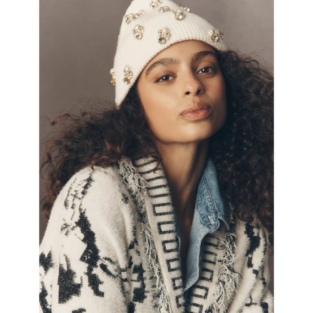 Anthropologie cream jewel embellished winter beanie hat